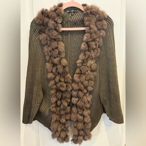 SIONI Rabbit Fur Trimmed Cardigan Sweater Shrug Olive Green XS NWOT